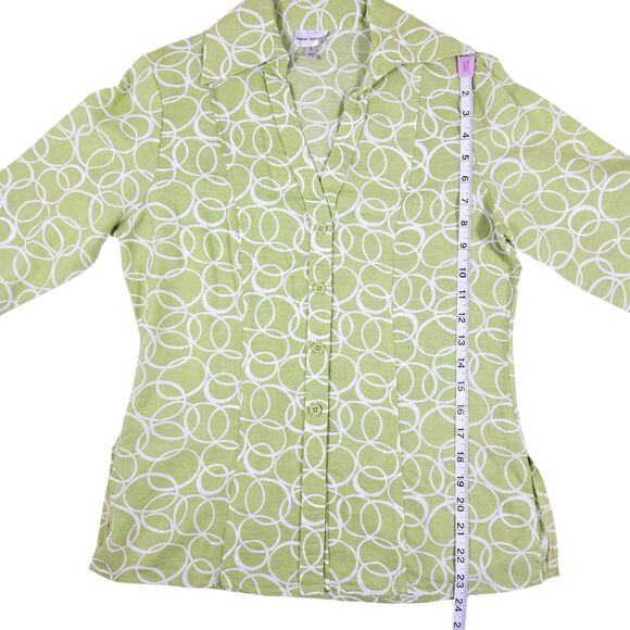 Harve Benard Small Light Green & White Linen Button Up 3/4 Length Sleeve Blouse - Picture 6 of 9